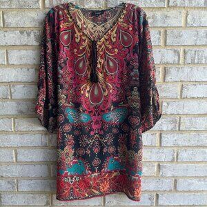 Tolani 100% Silk 3/4 Sleeve Tie Neck Floral Boho Tunic Blouse Women's Size L